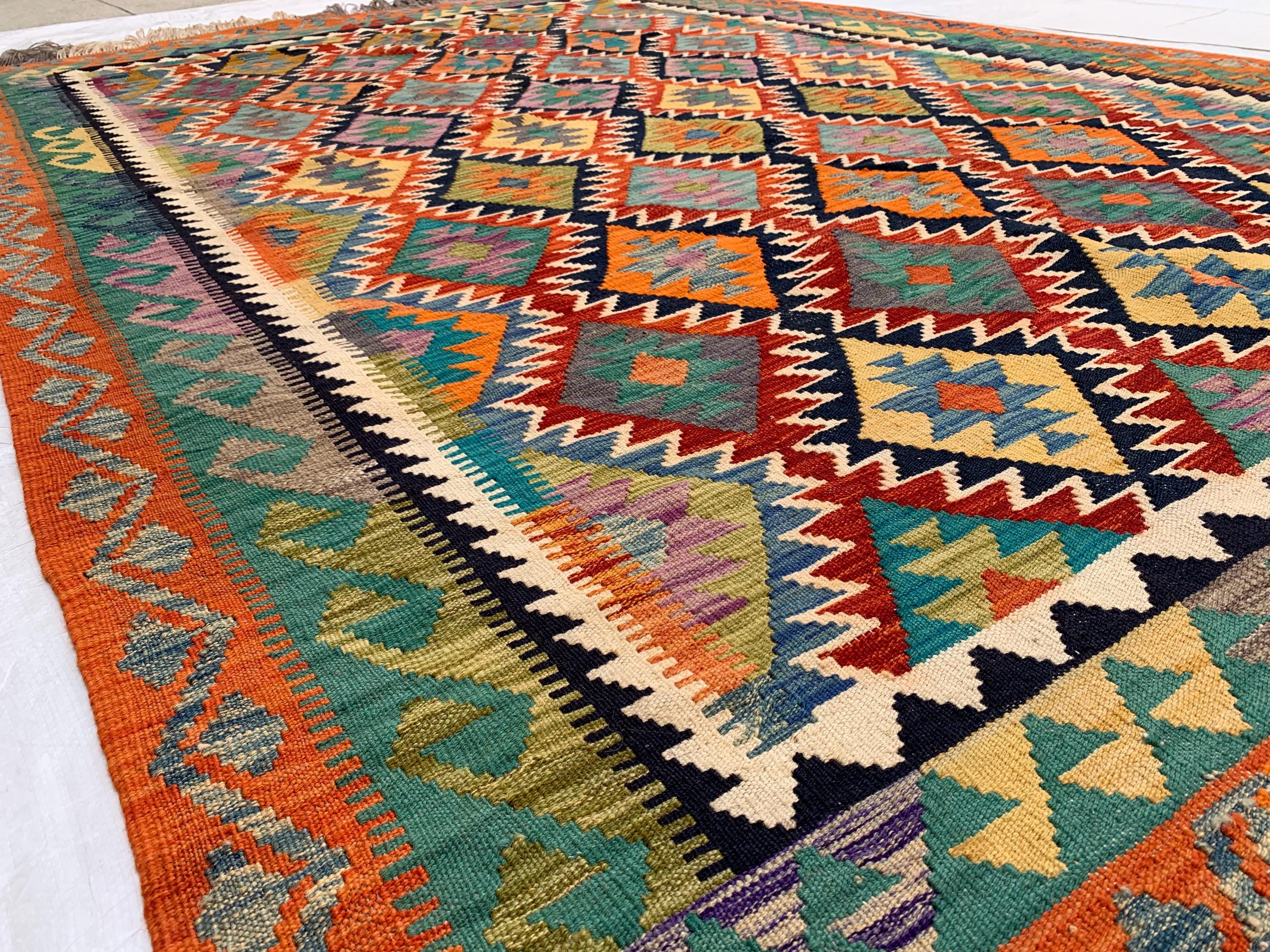 Multicolor Afghan Kilim Rug 6.7x9.9 ft – Wool Tribal Area Rug | Vintage Flatweave Carpet | Boho Geometric Decor | Large Lightweight Rug