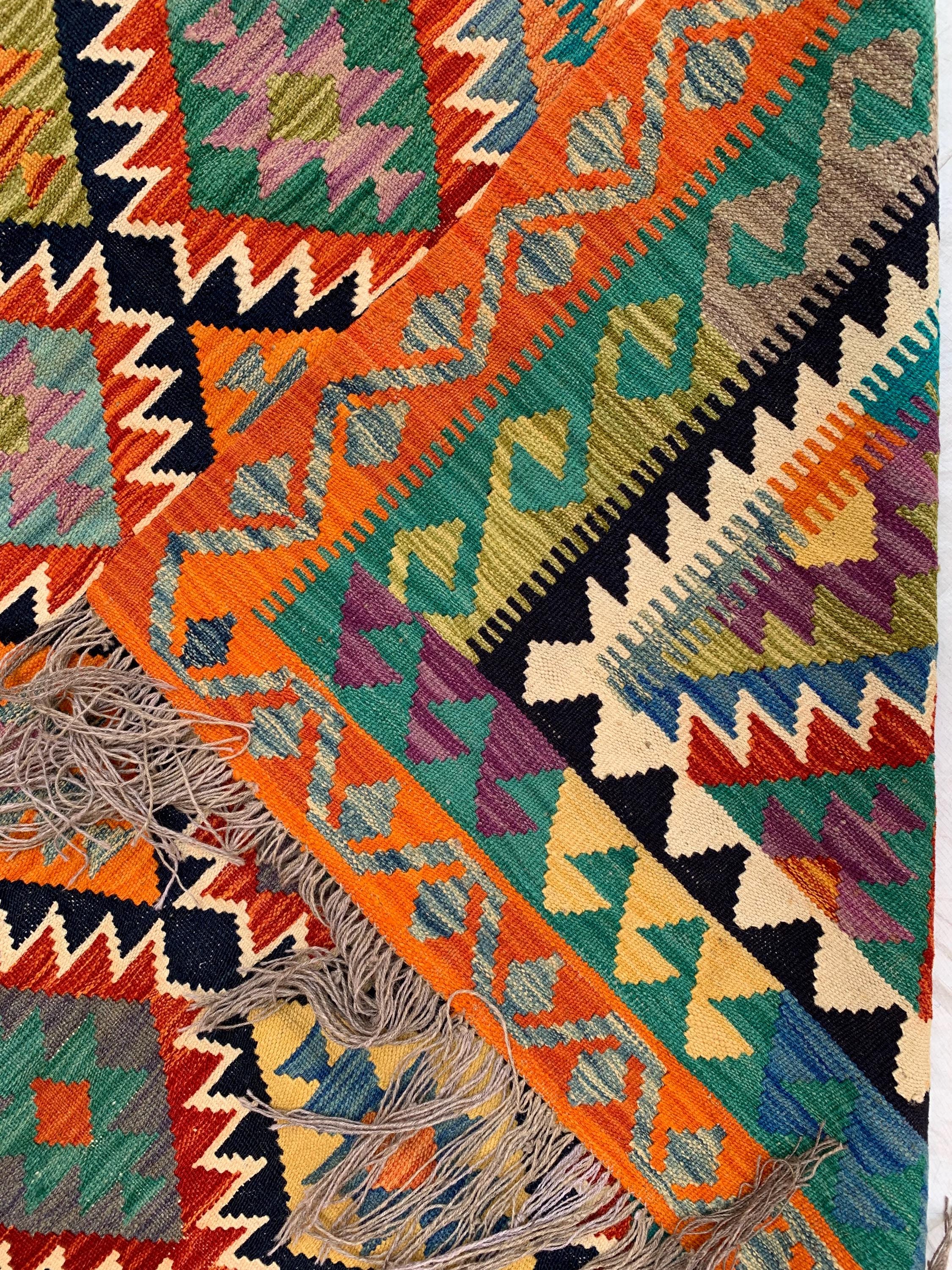 Multicolor Afghan Kilim Rug 6.7x9.9 ft – Wool Tribal Area Rug | Vintage Flatweave Carpet | Boho Geometric Decor | Large Lightweight Rug