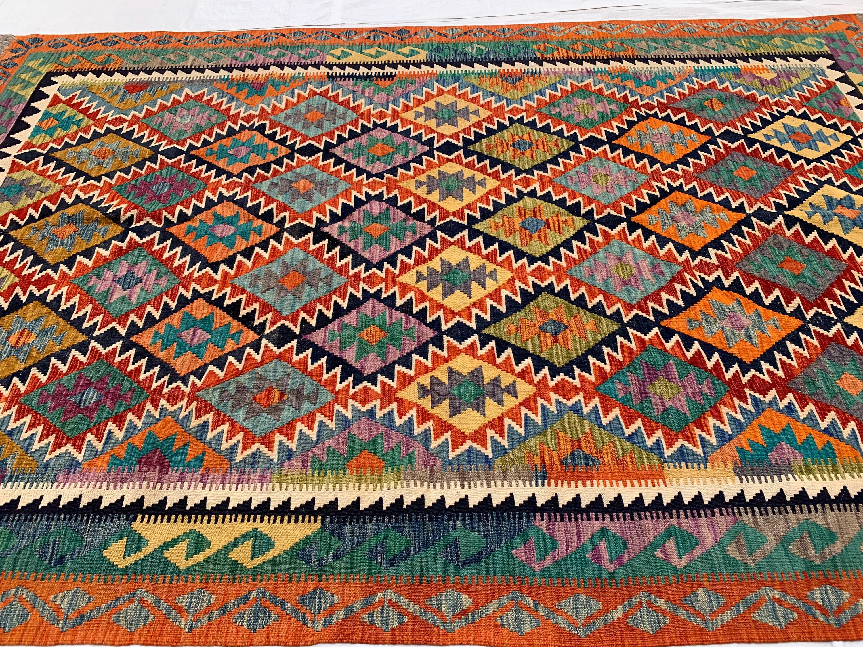 Multicolor Afghan Kilim Rug 6.7x9.9 ft – Wool Tribal Area Rug | Vintage Flatweave Carpet | Boho Geometric Decor | Large Lightweight Rug