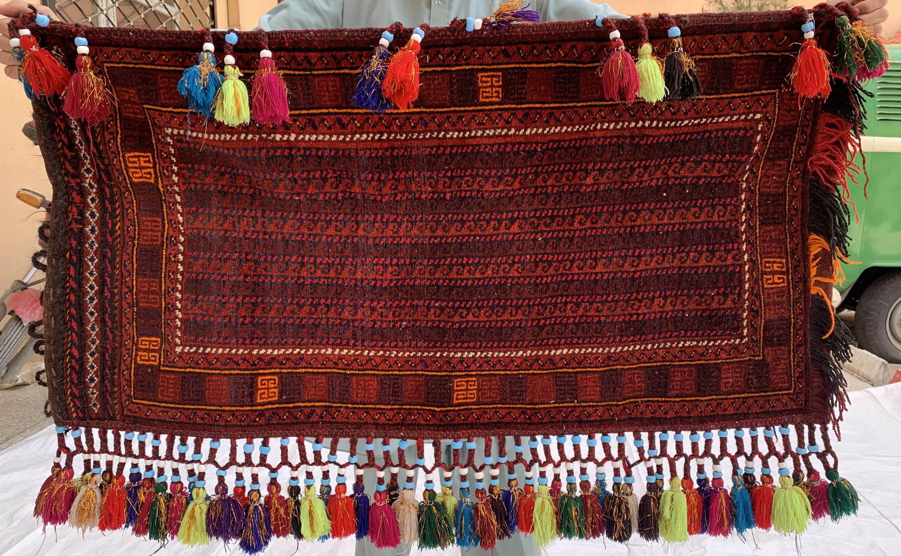 Vintage Afghan Cushion Cover–Faded Tribal Carpet Pillow –Handmade Turkmen Bukhara Textile– 1’11 x 3’7 Decorative Rug Cushion Collector Decor