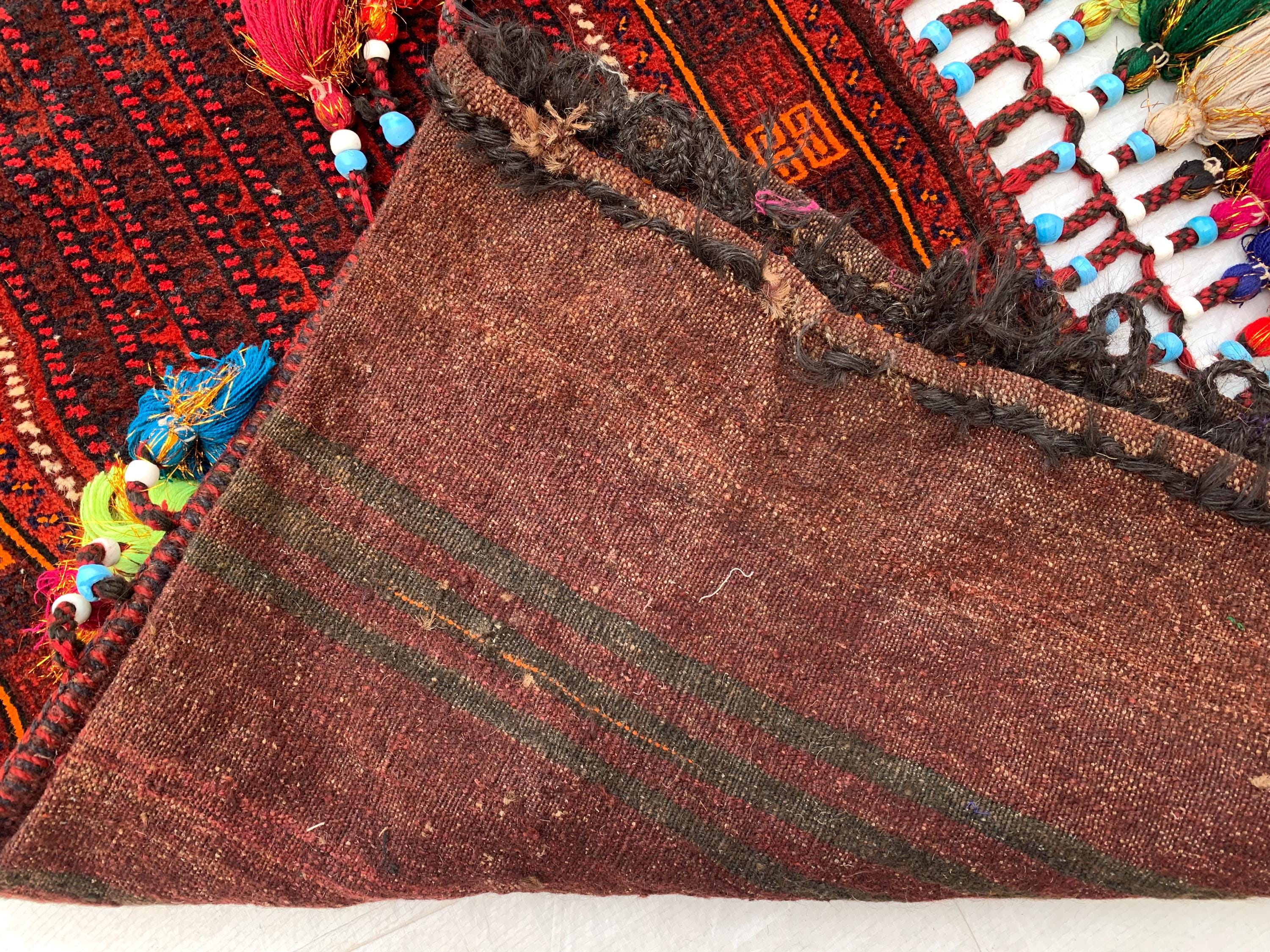 Vintage Afghan Cushion Cover–Faded Tribal Carpet Pillow –Handmade Turkmen Bukhara Textile– 1’11 x 3’7 Decorative Rug Cushion Collector Decor