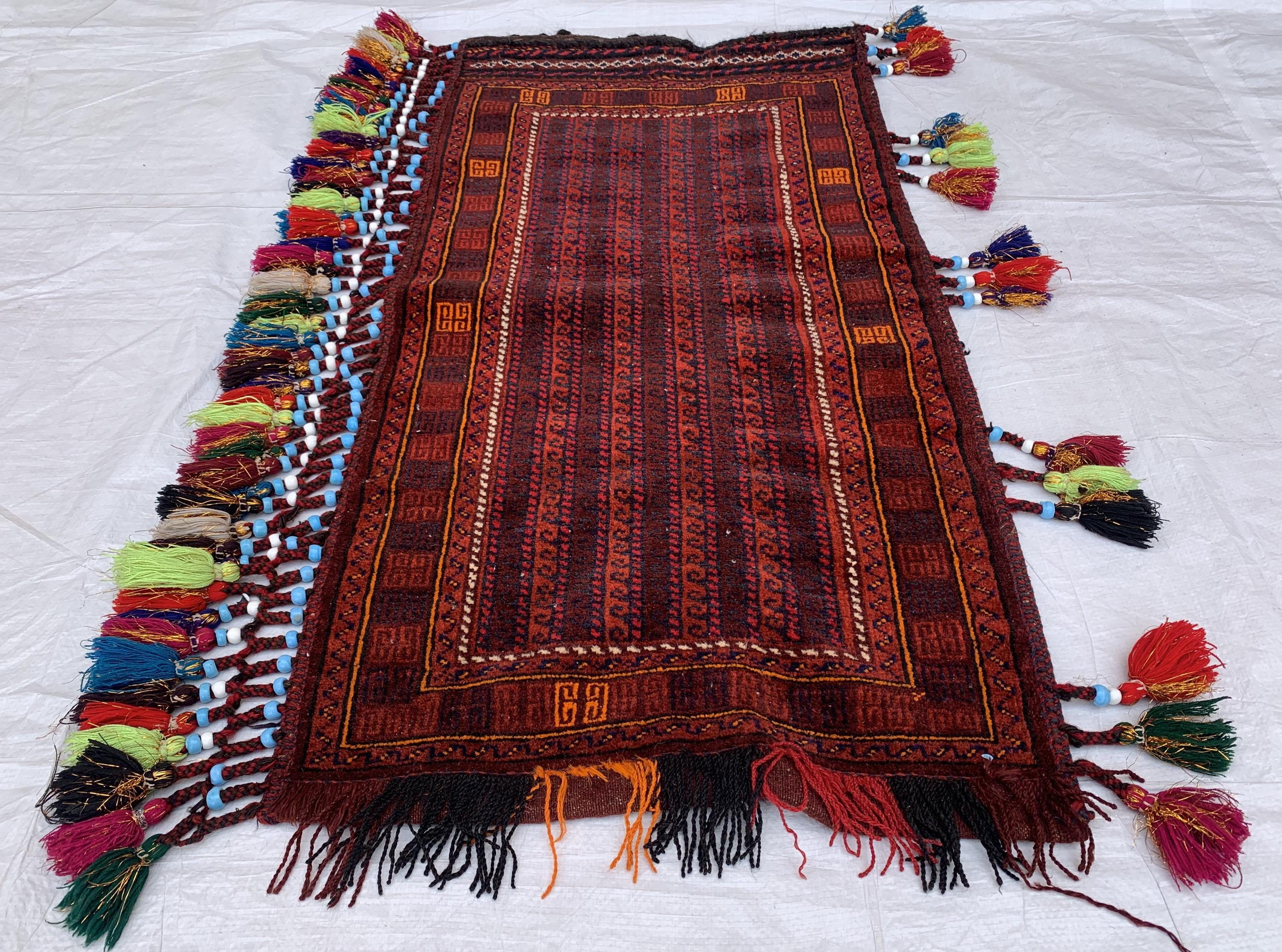 Vintage Afghan Cushion Cover–Faded Tribal Carpet Pillow –Handmade Turkmen Bukhara Textile– 1’11 x 3’7 Decorative Rug Cushion Collector Decor