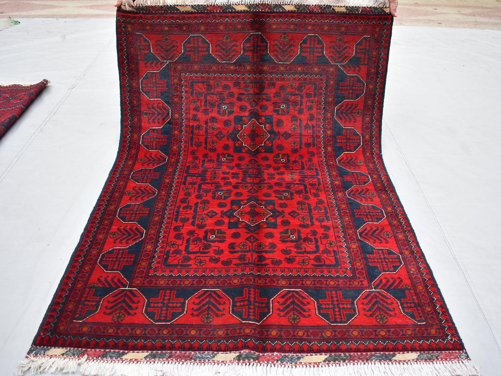 3x5 Red Handwoven Afghan Tribal Bukhara Turkmen Rug, 100% Wool, Nomadic Rug, Small Size Rug for Bedroom, Hallways, Entrance Soft and Durable