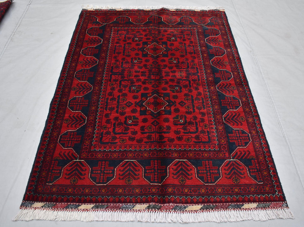 3x5 Red Handwoven Afghan Tribal Bukhara Turkmen Rug, 100% Wool, Nomadic Rug, Small Size Rug for Bedroom, Hallways, Entrance Soft and Durable