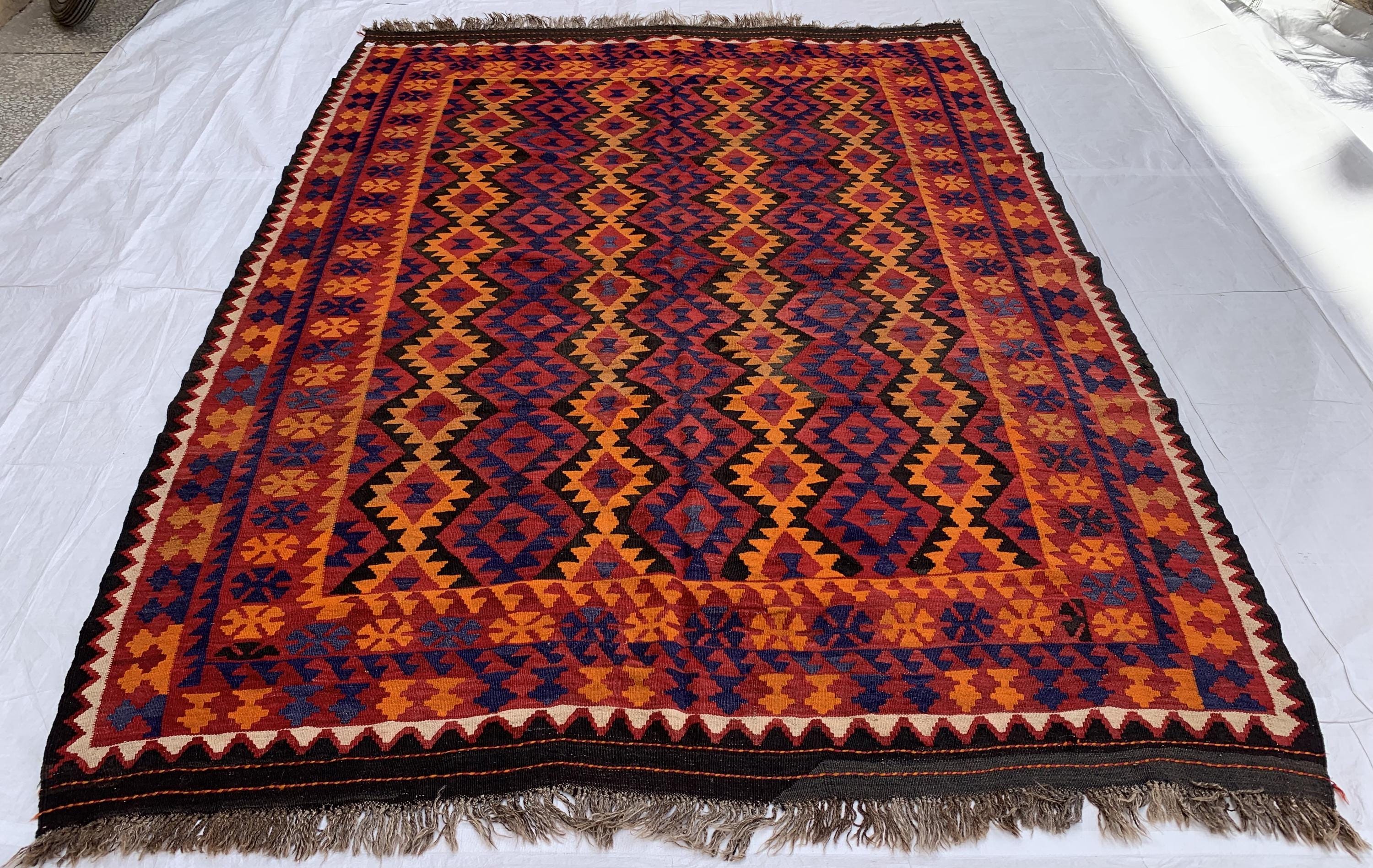 7x9 Large Afghan Tribal Kilim Rug – Handwoven Wool Area Rug | Vintage Boho Decor for Living Room or Bedroom, Rustic Home Decor 9.5x6.10 ft