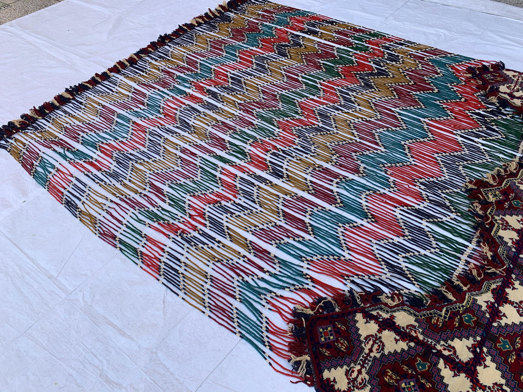 Handwoven Tribal Wall Hanging–Large 6.9x8.5ft Boho Tapestry, Colorful Ikat Pattern with Kilim Border–Bohemian Home Decor, Ethnic Textile Art