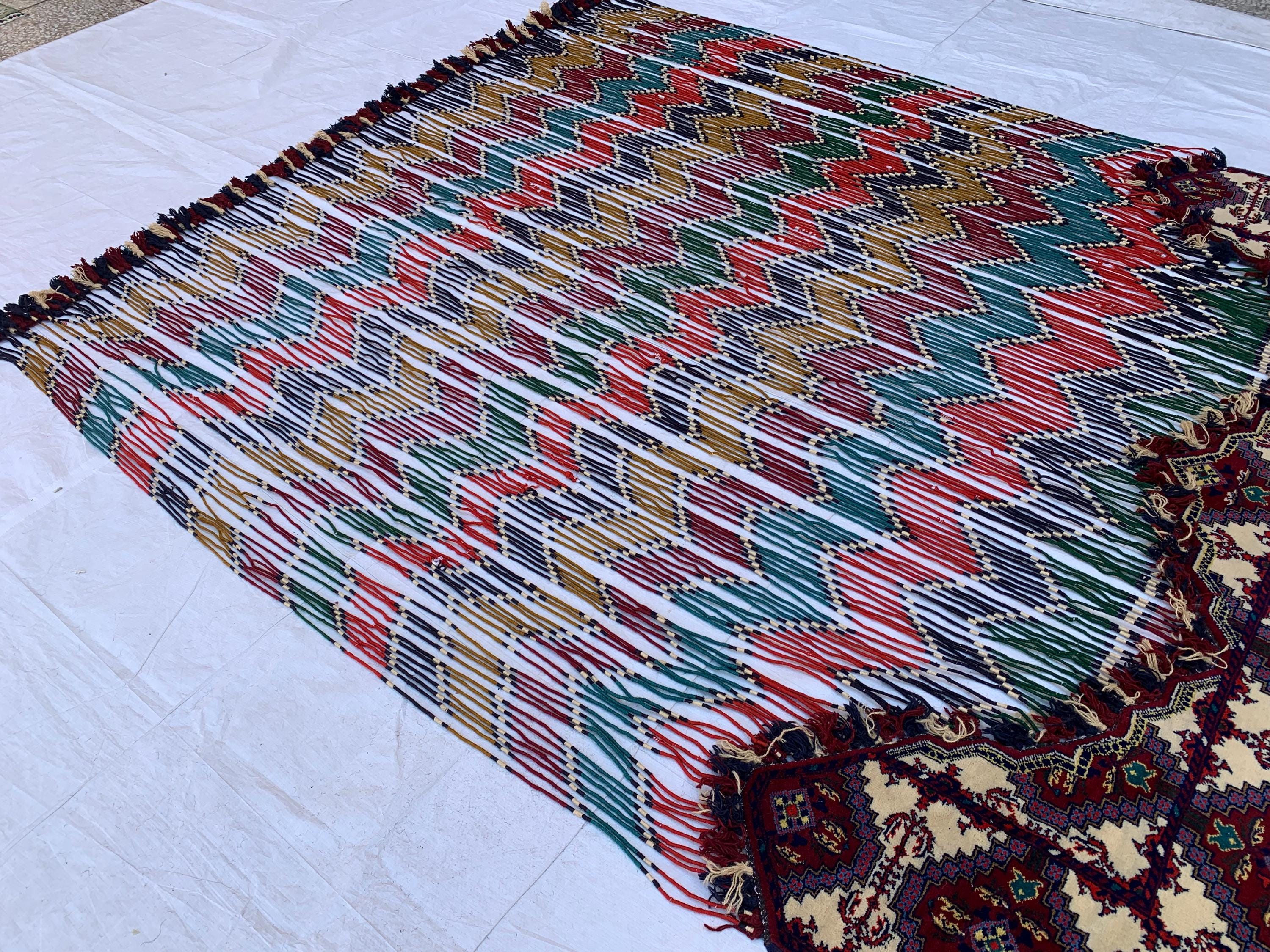 Handwoven Tribal Wall Hanging–Large 6.9x8.5ft Boho Tapestry, Colorful Ikat Pattern with Kilim Border–Bohemian Home Decor, Ethnic Textile Art