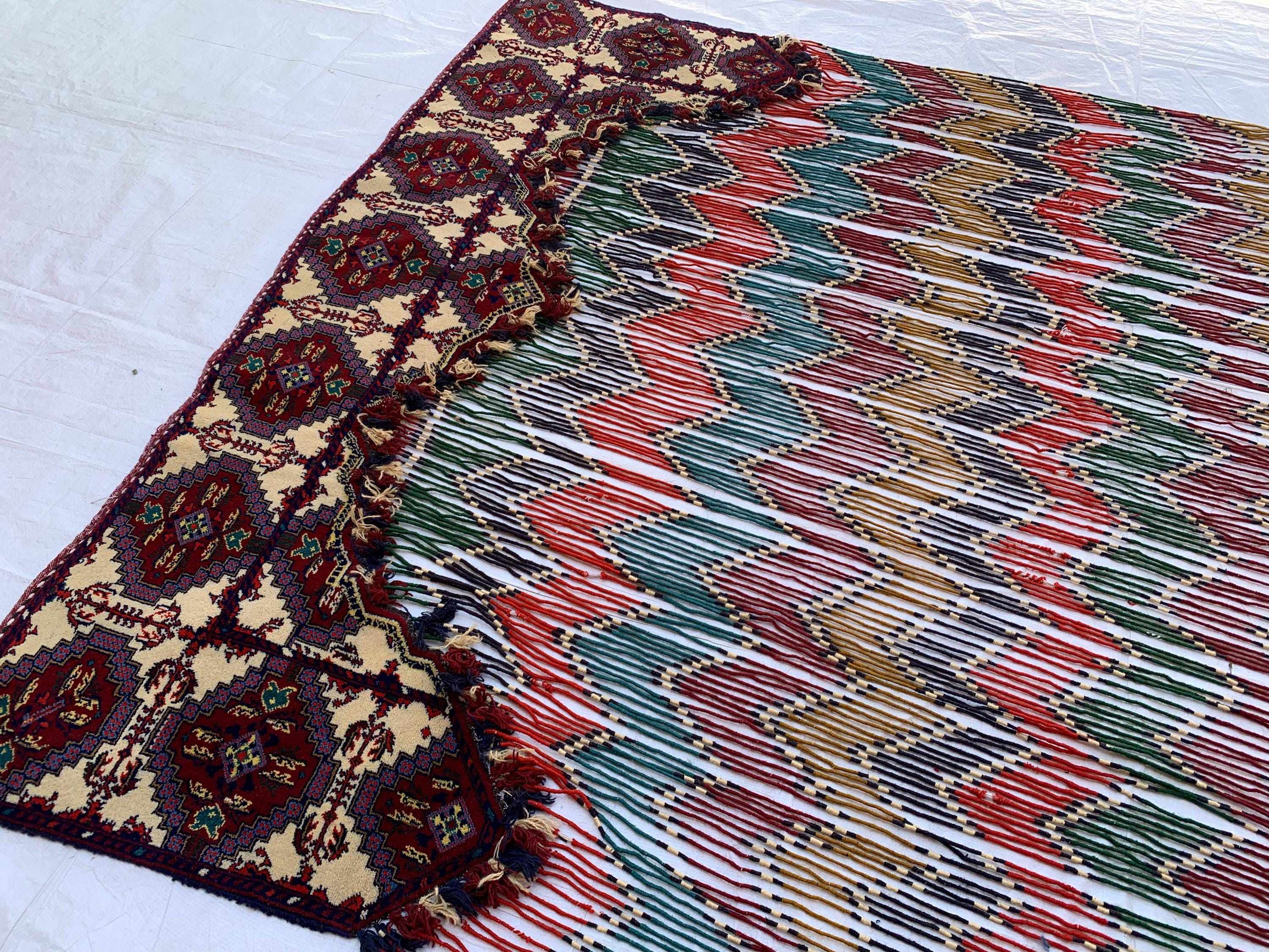 Handwoven Tribal Wall Hanging–Large 6.9x8.5ft Boho Tapestry, Colorful Ikat Pattern with Kilim Border–Bohemian Home Decor, Ethnic Textile Art