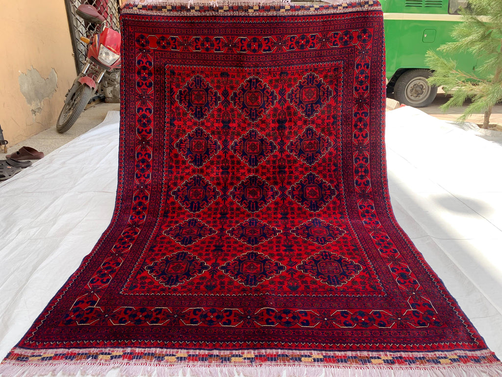 5x7 Turkmen Medium Area Rug, Afghan Handmade Bukhara Design Wool Red Rug, Living Room, 150x200 Dining Table Carpet, Vintage Style Rug