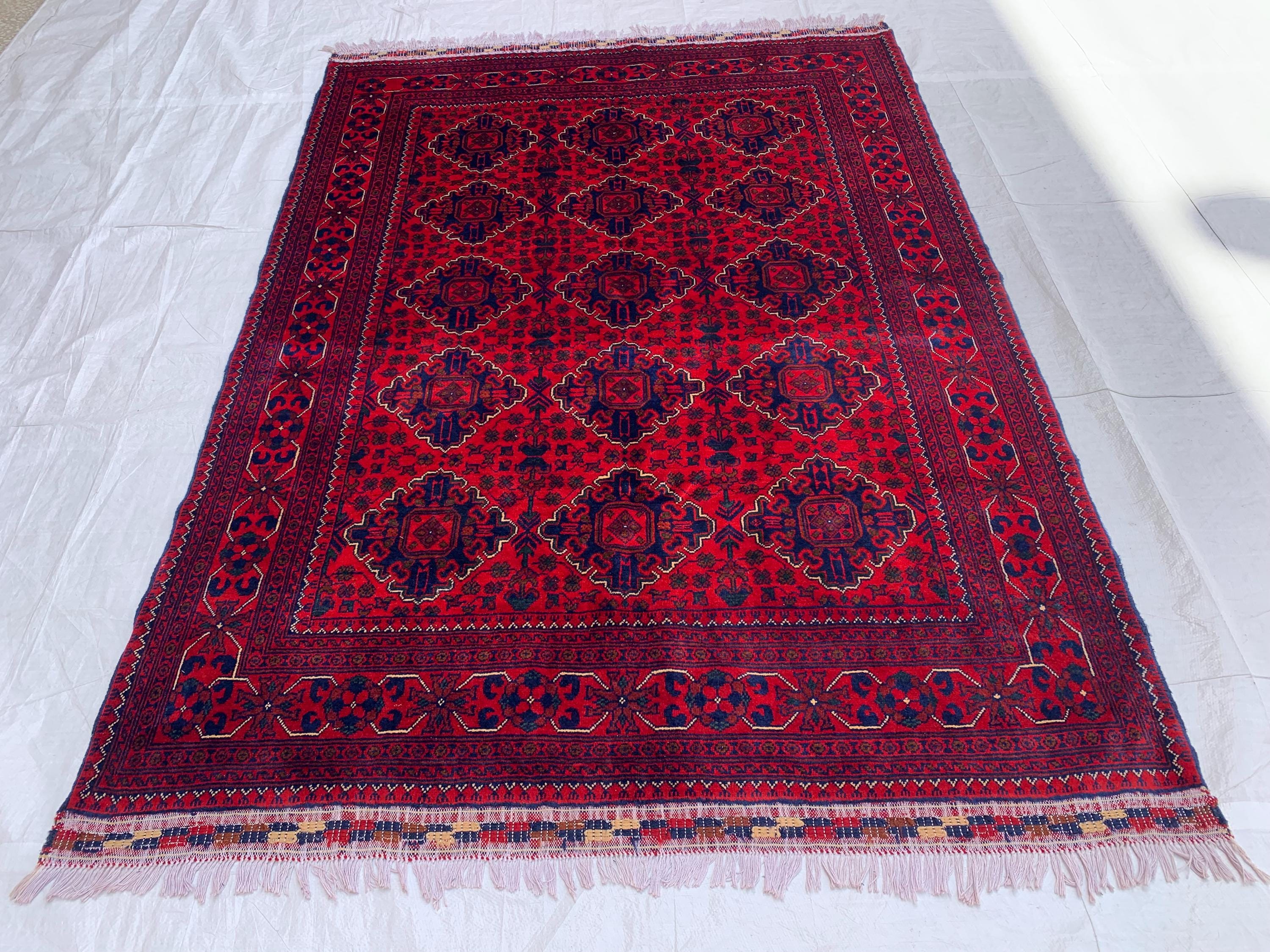 5x7 Turkmen Medium Area Rug, Afghan Handmade Bukhara Design Wool Red Rug, Living Room, 150x200 Dining Table Carpet, Vintage Style Rug