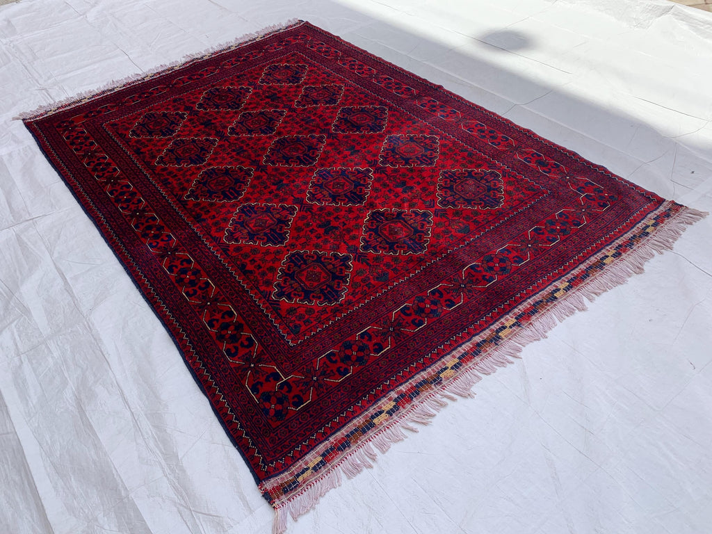 5x7 Turkmen Medium Area Rug, Afghan Handmade Bukhara Design Wool Red Rug, Living Room, 150x200 Dining Table Carpet, Vintage Style Rug