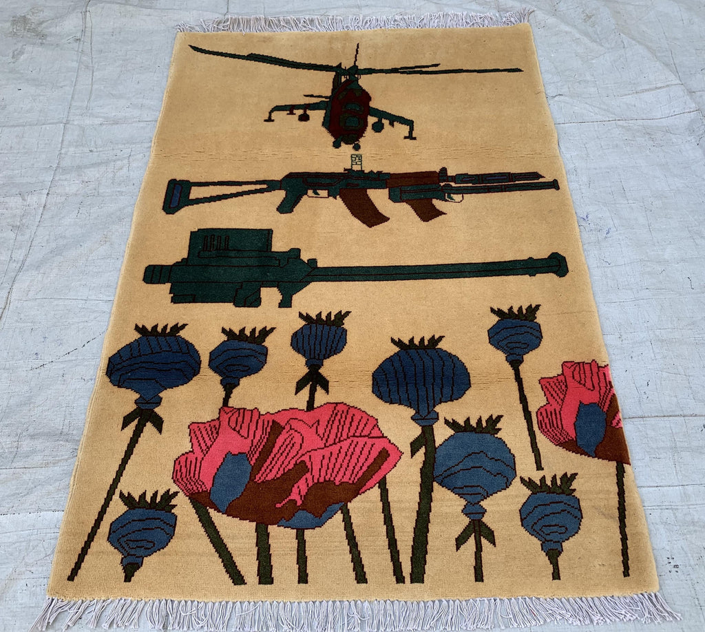 Afghan War Rug 3.3x4.7 ft – Handwoven Conflict Art with Helicopter, AK-47 & Poppy Flowers – Vintage Tribal Wool Carpet, Rug for Kids Room