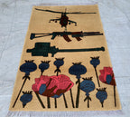Afghan War Rug 3.3x4.7 ft – Handwoven Conflict Art with Helicopter, AK-47 & Poppy Flowers – Vintage Tribal Wool Carpet, Rug for Kids Room