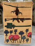 Afghan War Rug 3.3x4.7 ft – Handwoven Conflict Art with Helicopter, AK-47 & Poppy Flowers – Vintage Tribal Wool Carpet, Rug for Kids Room