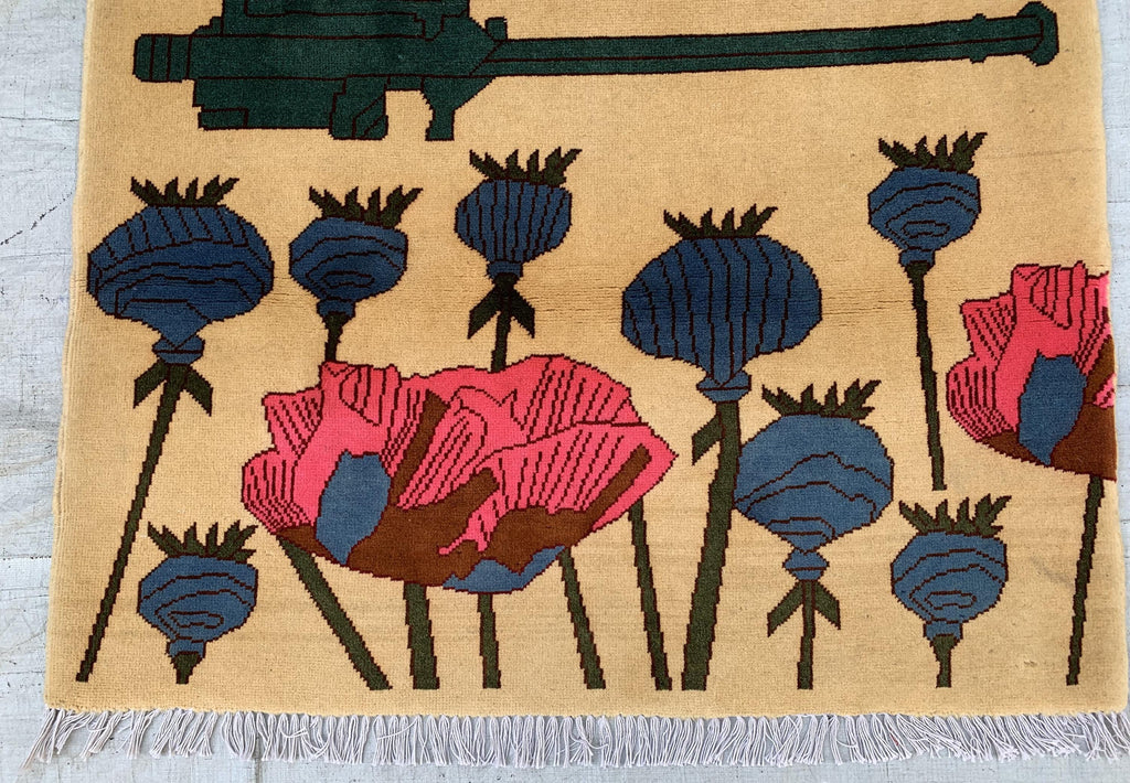 Afghan War Rug 3.3x4.7 ft – Handwoven Conflict Art with Helicopter, AK-47 & Poppy Flowers – Vintage Tribal Wool Carpet, Rug for Kids Room