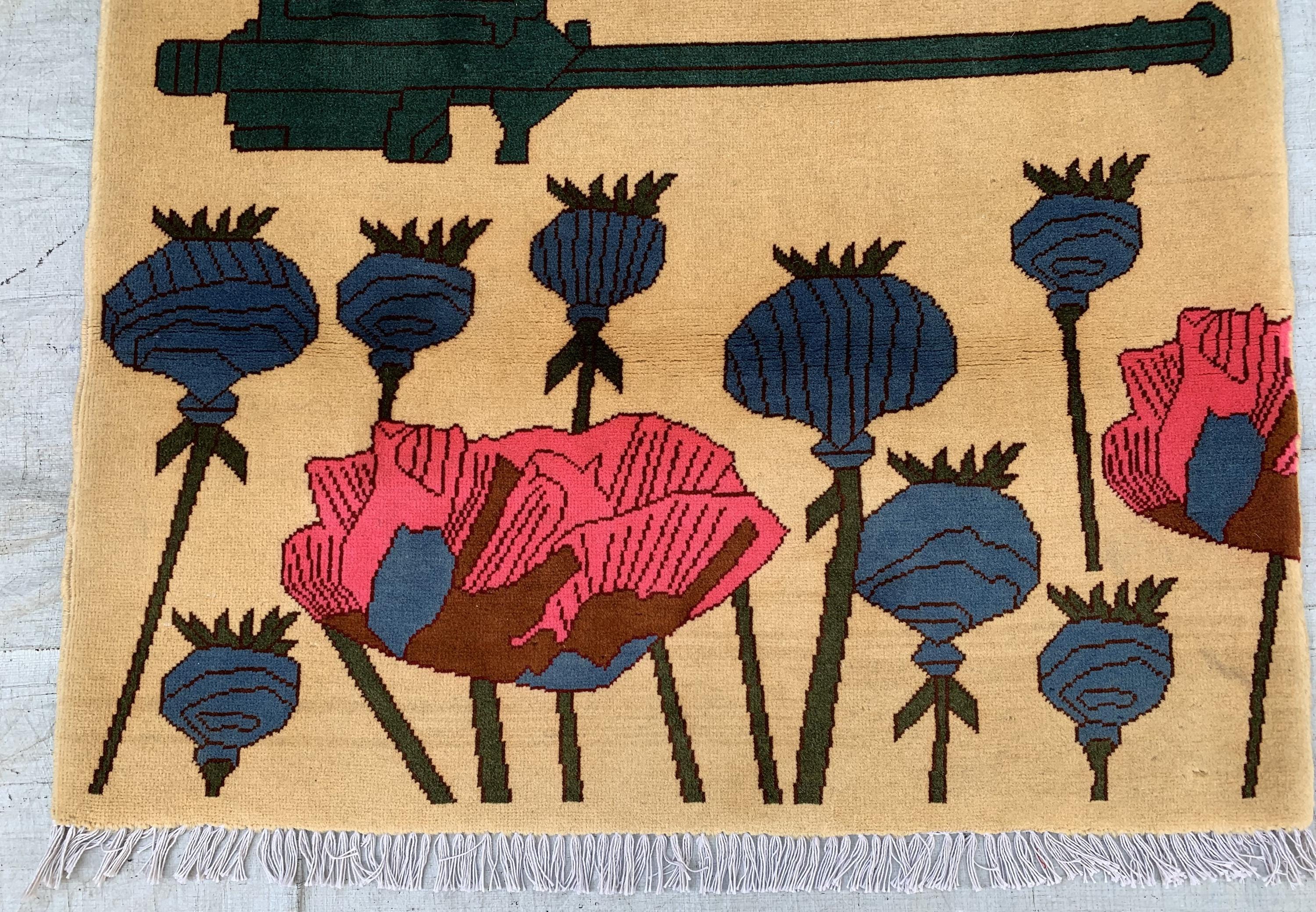Afghan War Rug 3.3x4.7 ft – Handwoven Conflict Art with Helicopter, AK-47 & Poppy Flowers – Vintage Tribal Wool Carpet, Rug for Kids Room