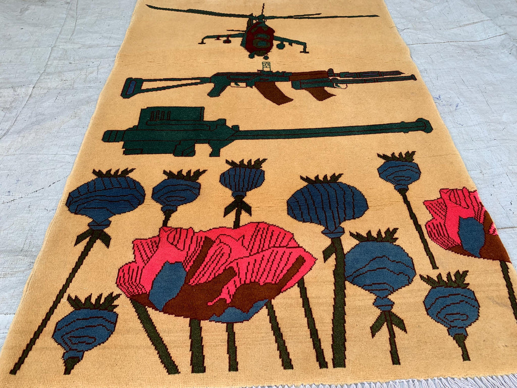 Afghan War Rug 3.3x4.7 ft – Handwoven Conflict Art with Helicopter, AK-47 & Poppy Flowers – Vintage Tribal Wool Carpet, Rug for Kids Room