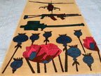 Afghan War Rug 3.3x4.7 ft – Handwoven Conflict Art with Helicopter, AK-47 & Poppy Flowers – Vintage Tribal Wool Carpet, Rug for Kids Room