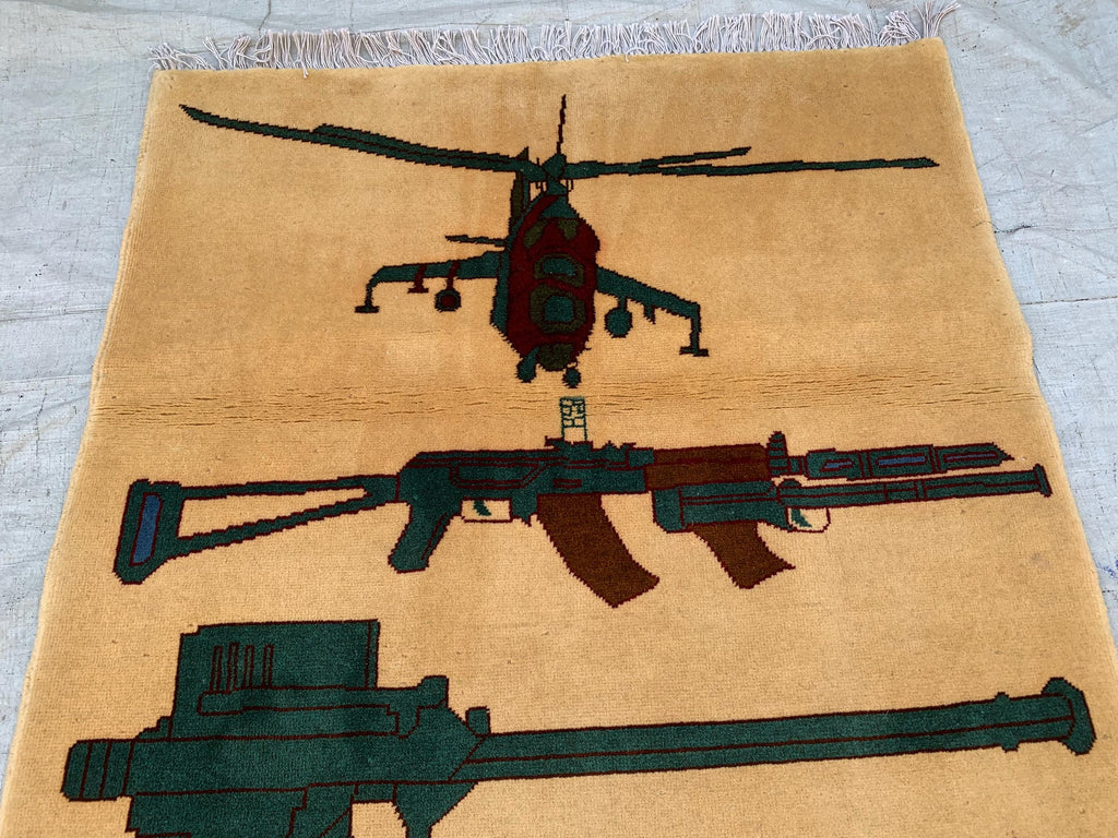 Afghan War Rug 3.3x4.7 ft – Handwoven Conflict Art with Helicopter, AK-47 & Poppy Flowers – Vintage Tribal Wool Carpet, Rug for Kids Room