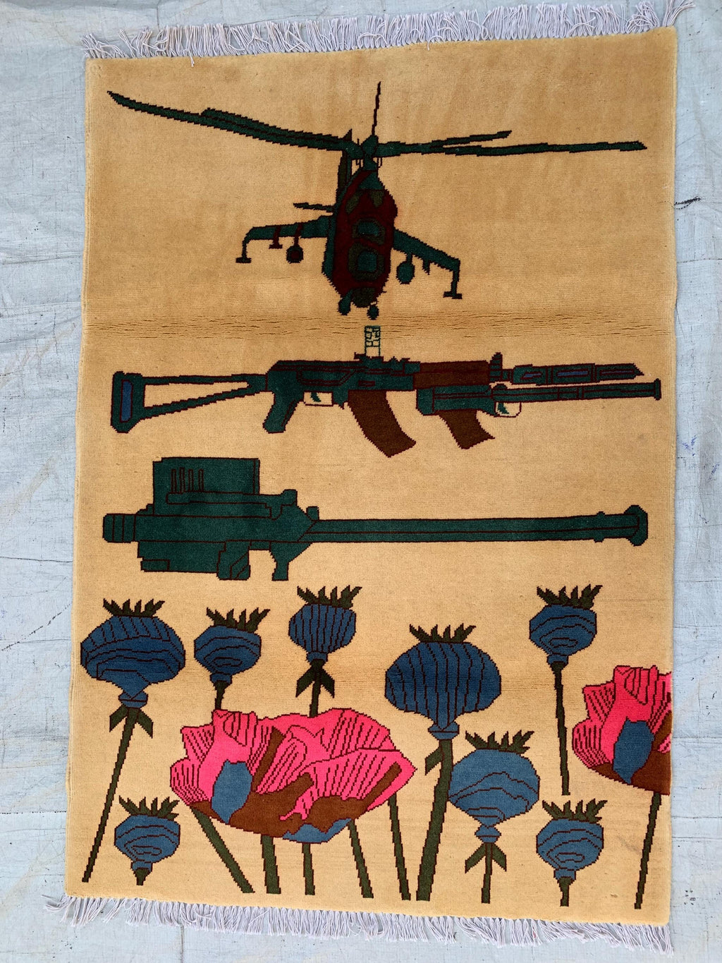 Afghan War Rug 3.3x4.7 ft – Handwoven Conflict Art with Helicopter, AK-47 & Poppy Flowers – Vintage Tribal Wool Carpet, Rug for Kids Room