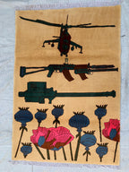 Afghan War Rug 3.3x4.7 ft – Handwoven Conflict Art with Helicopter, AK-47 & Poppy Flowers – Vintage Tribal Wool Carpet, Rug for Kids Room