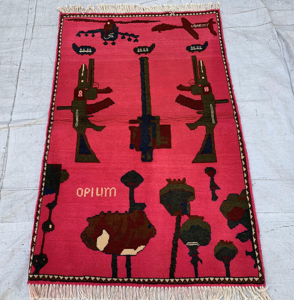 Afghan War Rug 2.6x4 ft – Handwoven Conflict Art with Helicopter, AK-47 & Poppy Flowers – Vintage Tribal Wool Carpet, Collectors Item