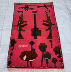 Afghan War Rug 2.6x4 ft – Handwoven Conflict Art with Helicopter, AK-47 & Poppy Flowers – Vintage Tribal Wool Carpet, Collectors Item