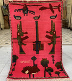 Afghan War Rug 2.6x4 ft – Handwoven Conflict Art with Helicopter, AK-47 & Poppy Flowers – Vintage Tribal Wool Carpet, Collectors Item