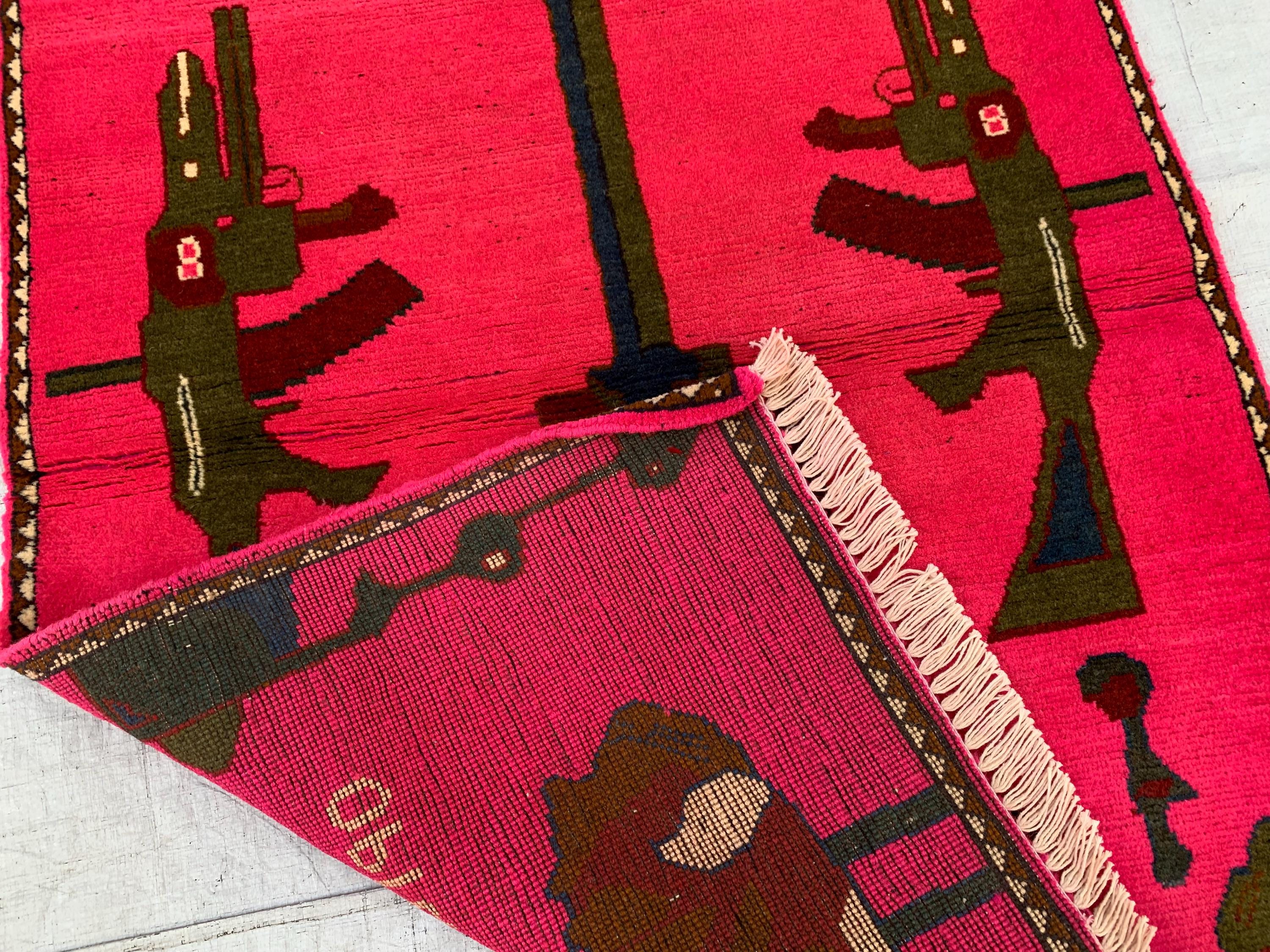 Afghan War Rug 2.6x4 ft – Handwoven Conflict Art with Helicopter, AK-47 & Poppy Flowers – Vintage Tribal Wool Carpet, Collectors Item