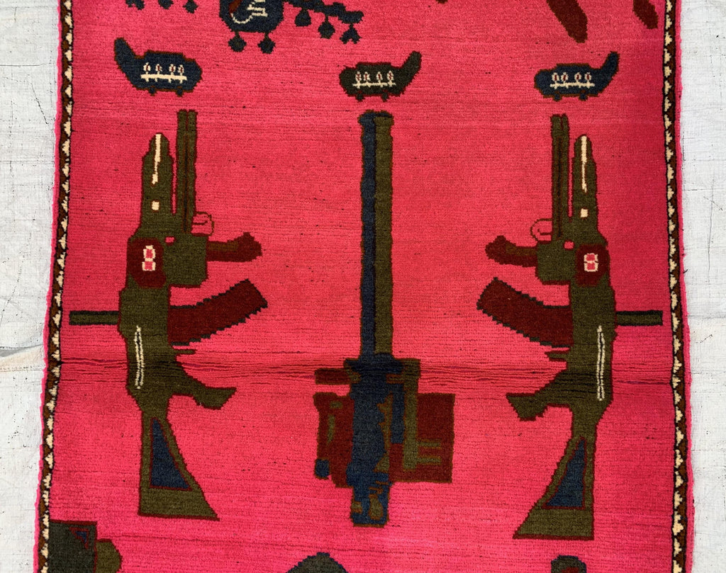 Afghan War Rug 2.6x4 ft – Handwoven Conflict Art with Helicopter, AK-47 & Poppy Flowers – Vintage Tribal Wool Carpet, Collectors Item