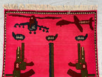 Afghan War Rug 2.6x4 ft – Handwoven Conflict Art with Helicopter, AK-47 & Poppy Flowers – Vintage Tribal Wool Carpet, Collectors Item