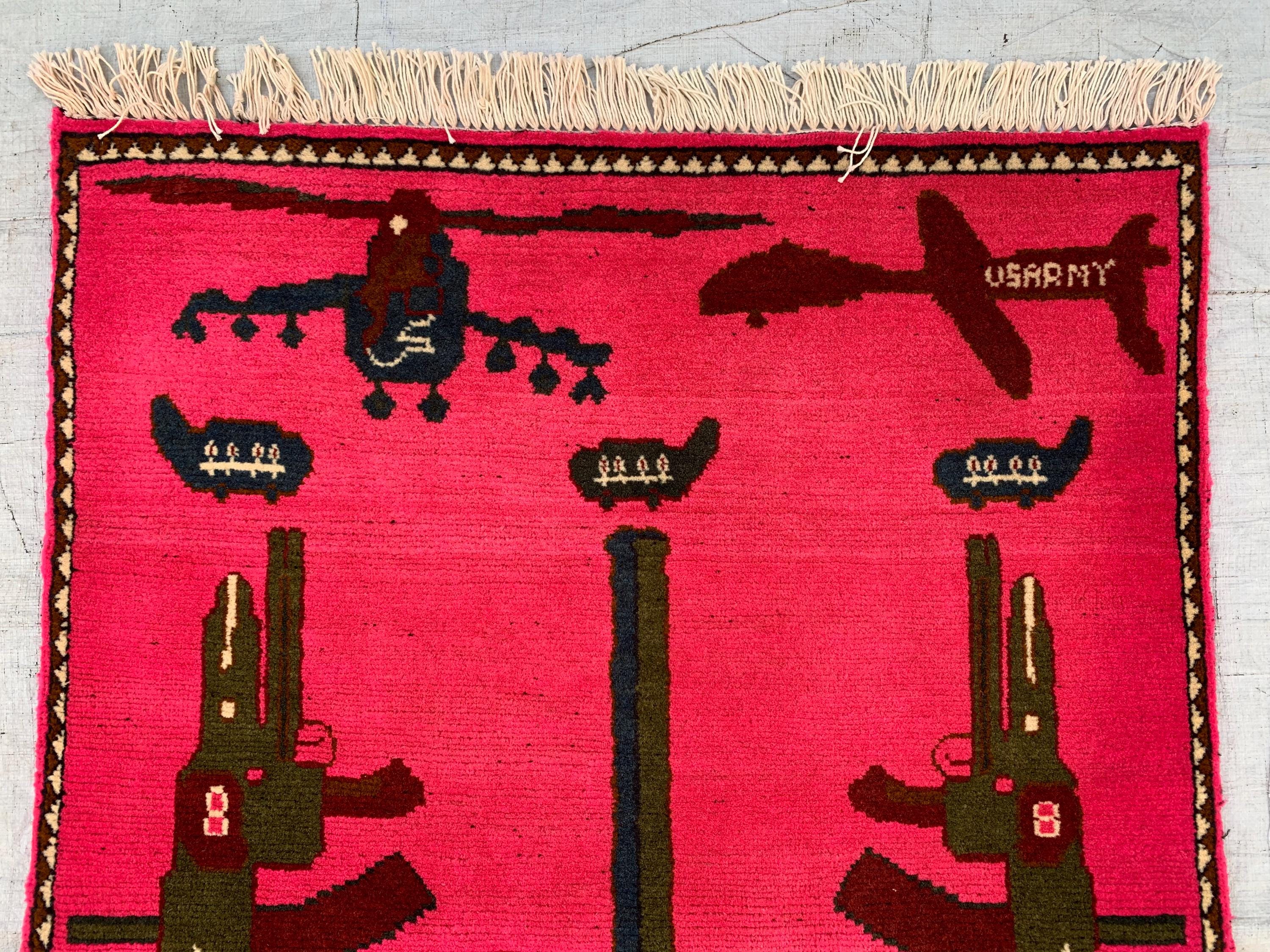 Afghan War Rug 2.6x4 ft – Handwoven Conflict Art with Helicopter, AK-47 & Poppy Flowers – Vintage Tribal Wool Carpet, Collectors Item