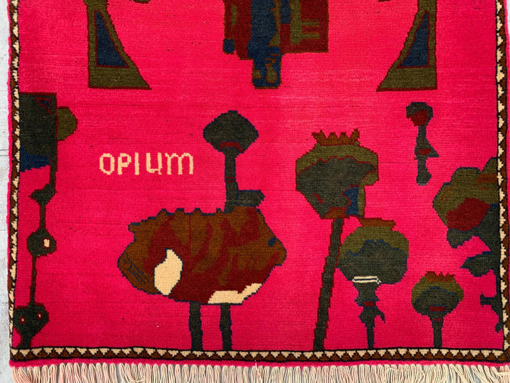 Afghan War Rug 2.6x4 ft – Handwoven Conflict Art with Helicopter, AK-47 & Poppy Flowers – Vintage Tribal Wool Carpet, Collectors Item