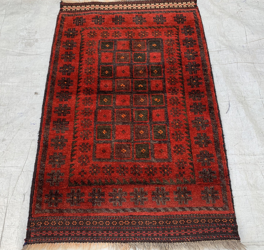 Vintage 55-Year-Old Bukhara Rug 2.4x4.1 ft – Hand-knotted Afghan Wool Carpet, Red Tribal Decor Accent, Collectors Rug, Antique Geometric Rug