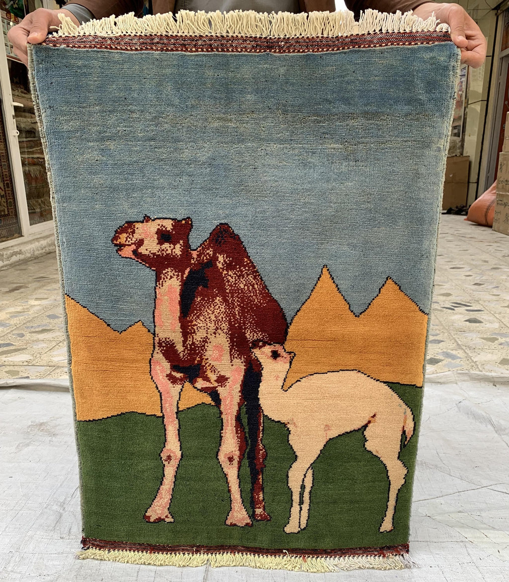 Afghan Camel Scene Rug 2.1x3.1 ft – Handwoven Wool Wall Hanging or Accent Rug with Desert Landscape Design, Decorative Wall Rug