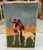 Afghan Camel Scene Rug 2.1x3.1 ft – Handwoven Wool Wall Hanging or Accent Rug with Desert Landscape Design, Decorative Wall Rug