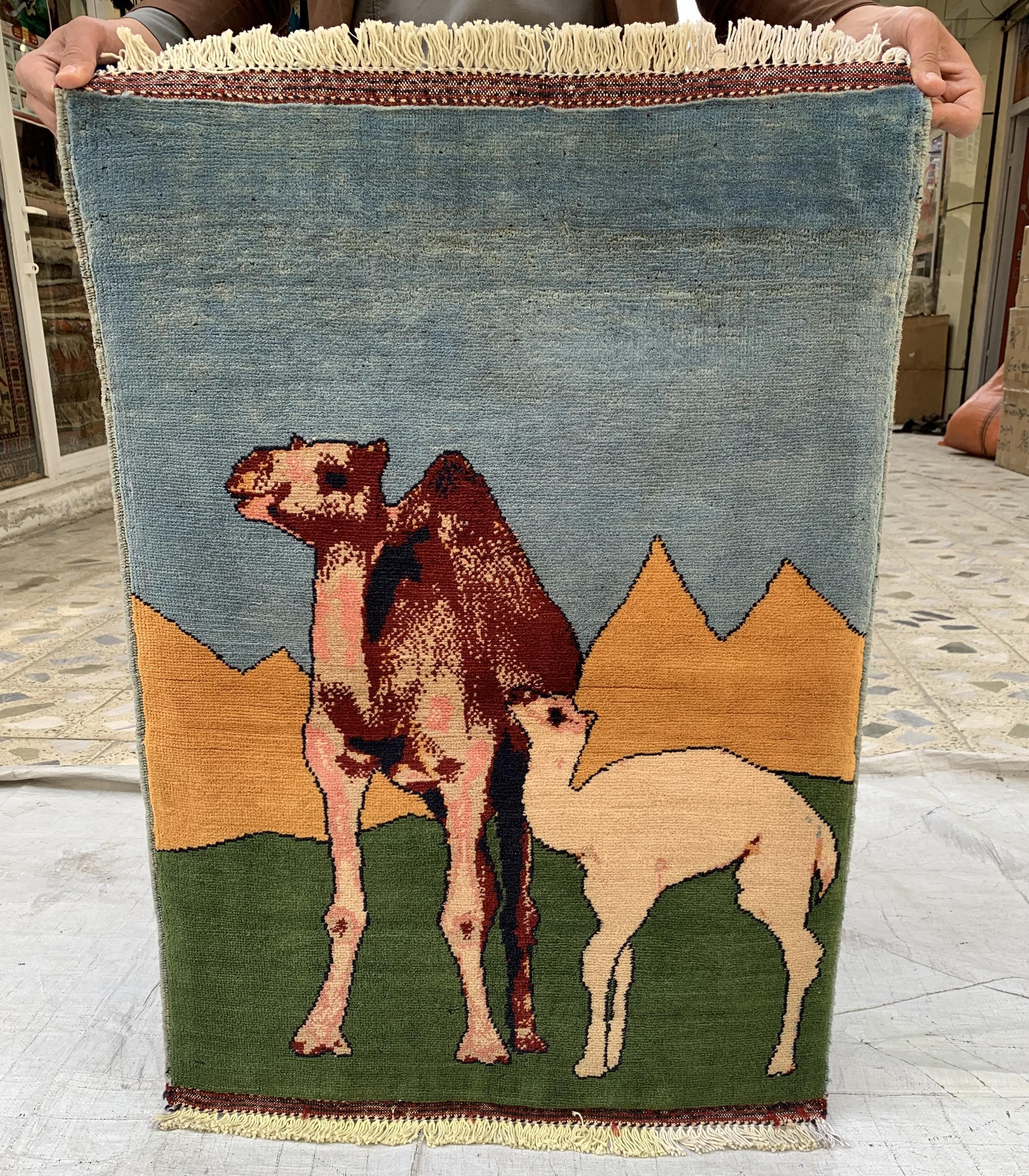 Afghan Camel Scene Rug 2.1x3.1 ft – Handwoven Wool Wall Hanging or Accent Rug with Desert Landscape Design, Decorative Wall Rug