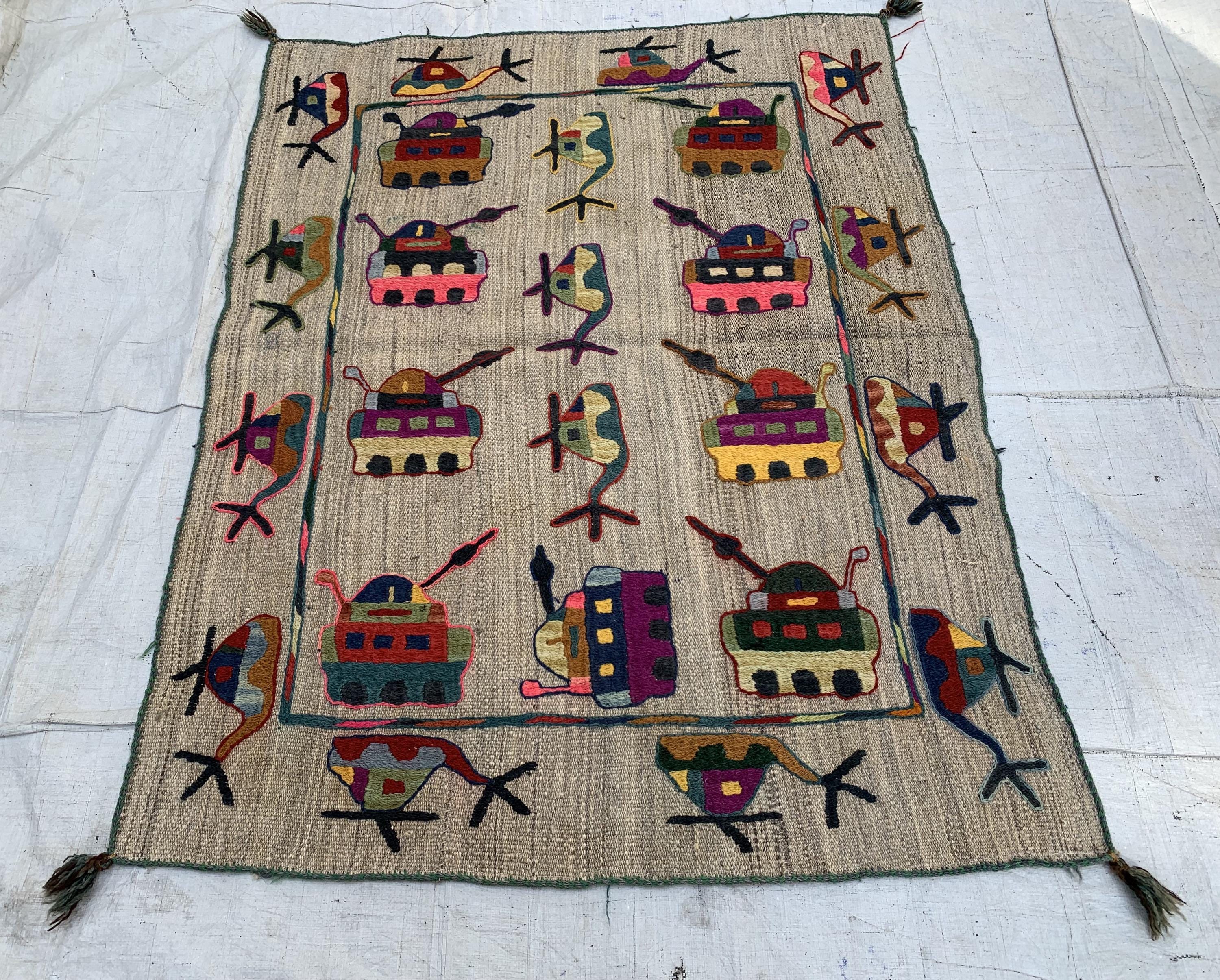 Vintage Afghan War Kilim 3.1x4.1 ft – Handwoven Wool Rug with Tanks, Helicopters & Planes – Tribal Conflict Art Decor, Collectors Rug