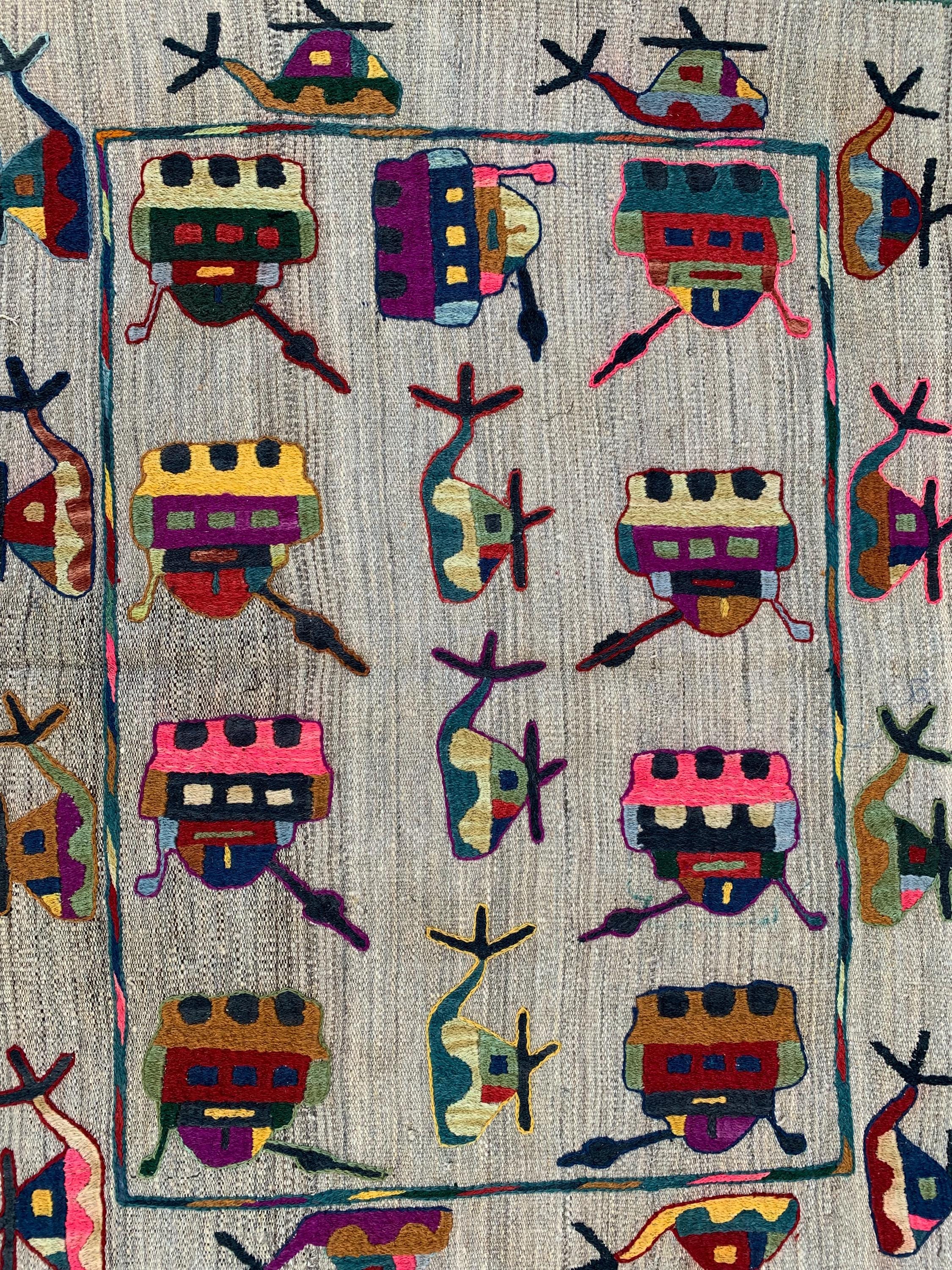 Vintage Afghan War Kilim 3.1x4.1 ft – Handwoven Wool Rug with Tanks, Helicopters & Planes – Tribal Conflict Art Decor, Collectors Rug