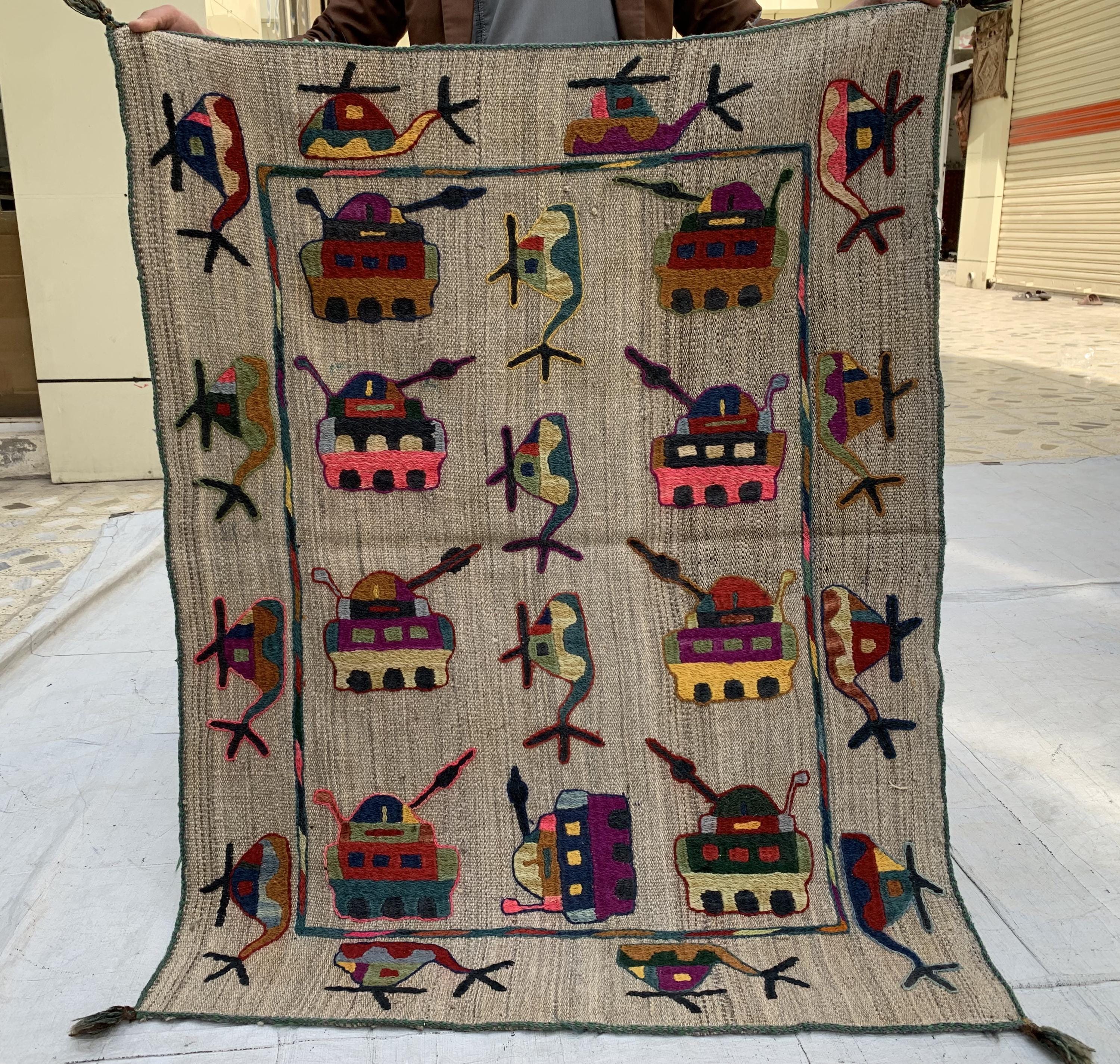 Vintage Afghan War Kilim 3.1x4.1 ft – Handwoven Wool Rug with Tanks, Helicopters & Planes – Tribal Conflict Art Decor, Collectors Rug