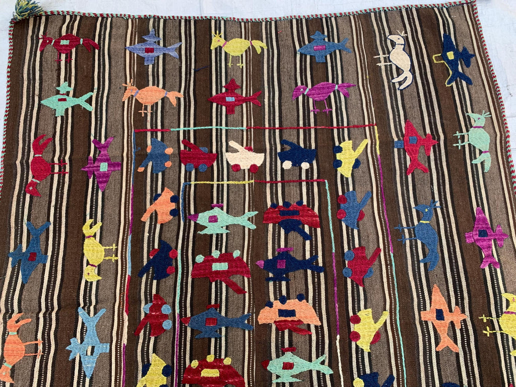 Afghan War Kilim 5.1x4.2 ft–Handwoven Wool Rug with Tanks, Helicopters & Planes–Tribal Conflict Art Decor, Perfect Rug for Kids Room