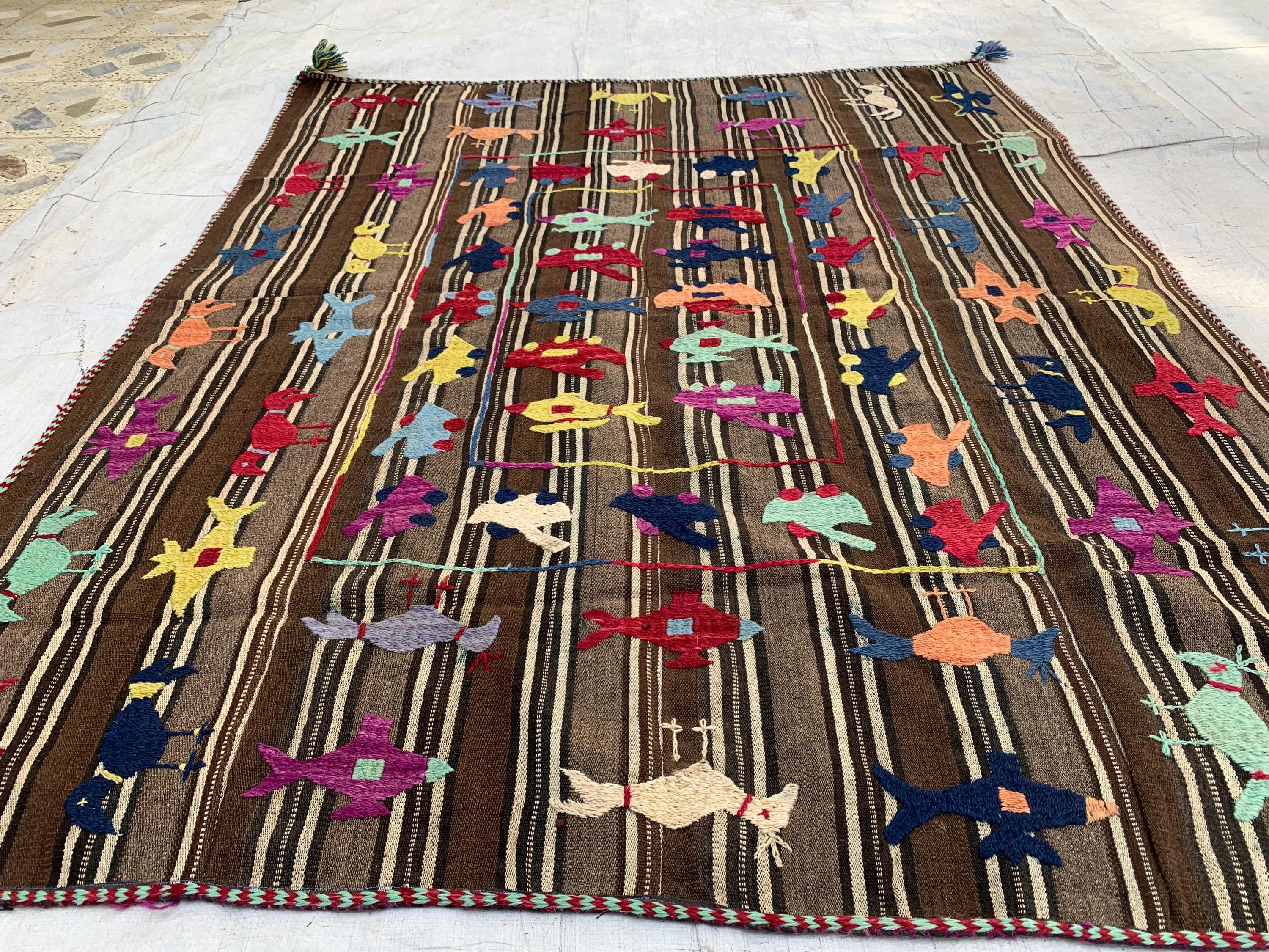 Afghan War Kilim 5.1x4.2 ft–Handwoven Wool Rug with Tanks, Helicopters & Planes–Tribal Conflict Art Decor, Perfect Rug for Kids Room