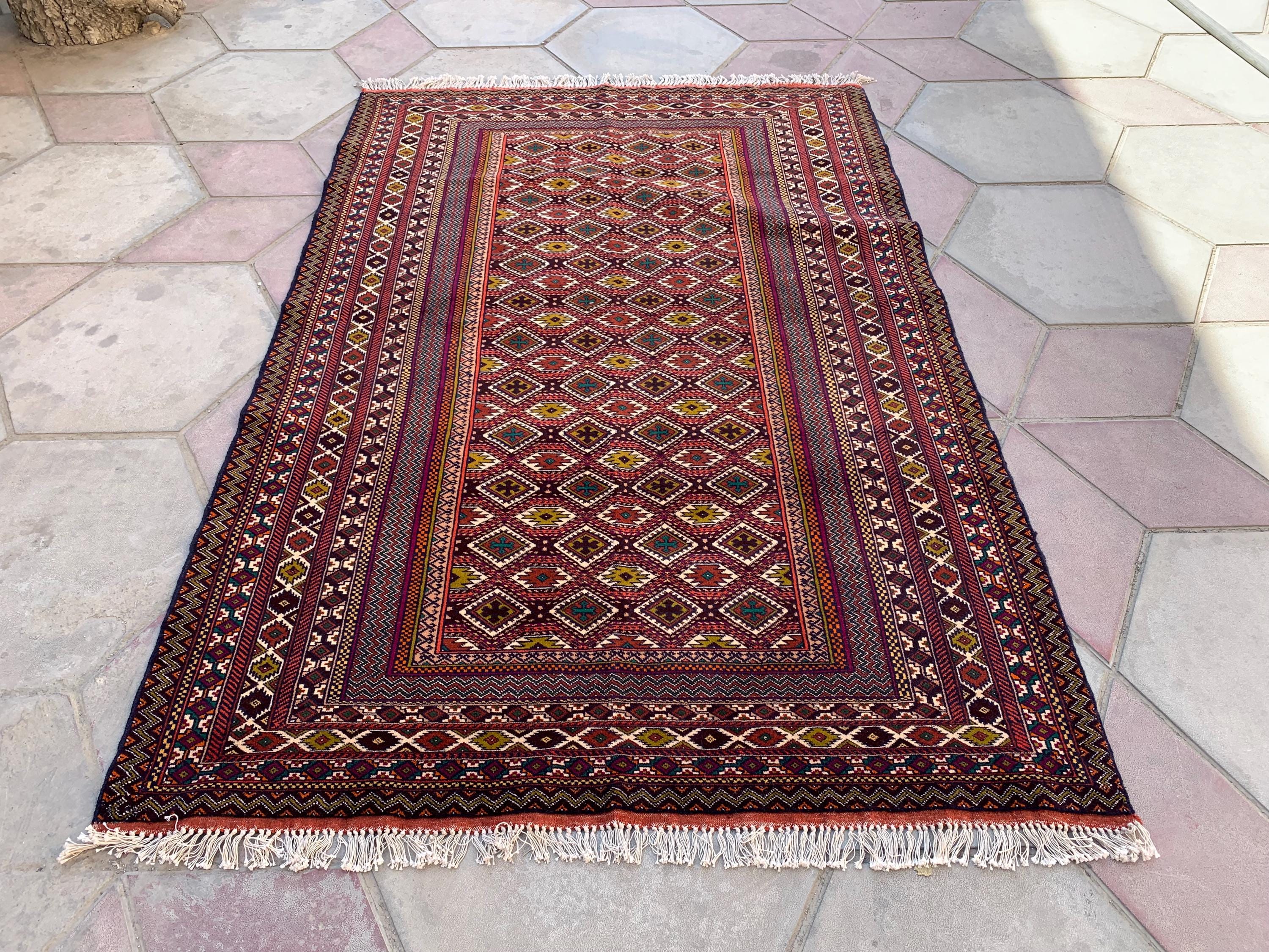 Antique Handwoven Tribal Rug 4.6x6.9 ft–Vintage Persian Wool Carpet, Bohemian Geometric Area Rug, Rustic Home Decor, Collectible OrientalRug