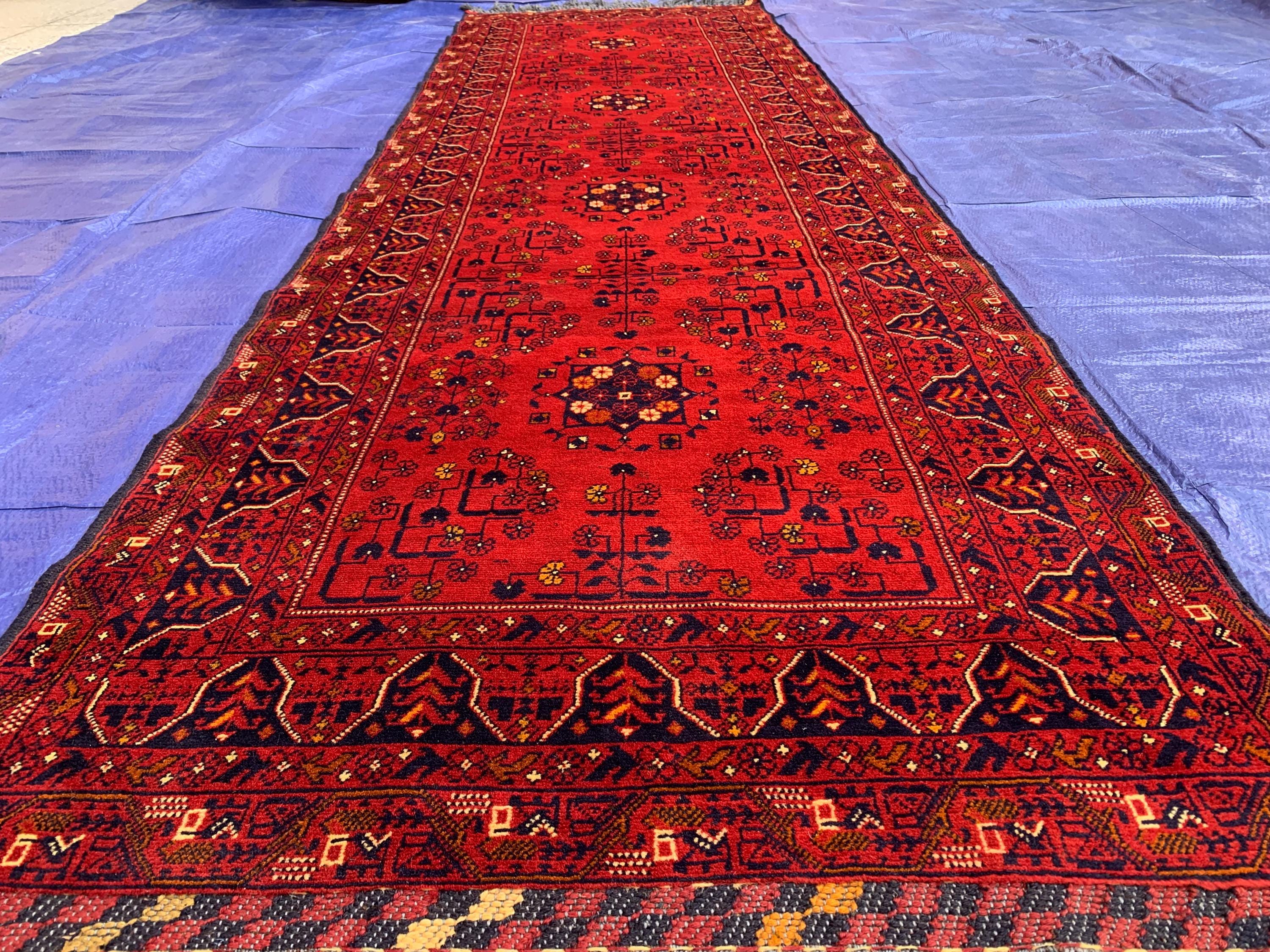 Vintage Bukhara Runner Rug 3x10 ft – Handmade Red Wool Hallway Carpet, Tribal Persian Design, Boho Decor, Authentic Oriental Rug 3x9.9 ft