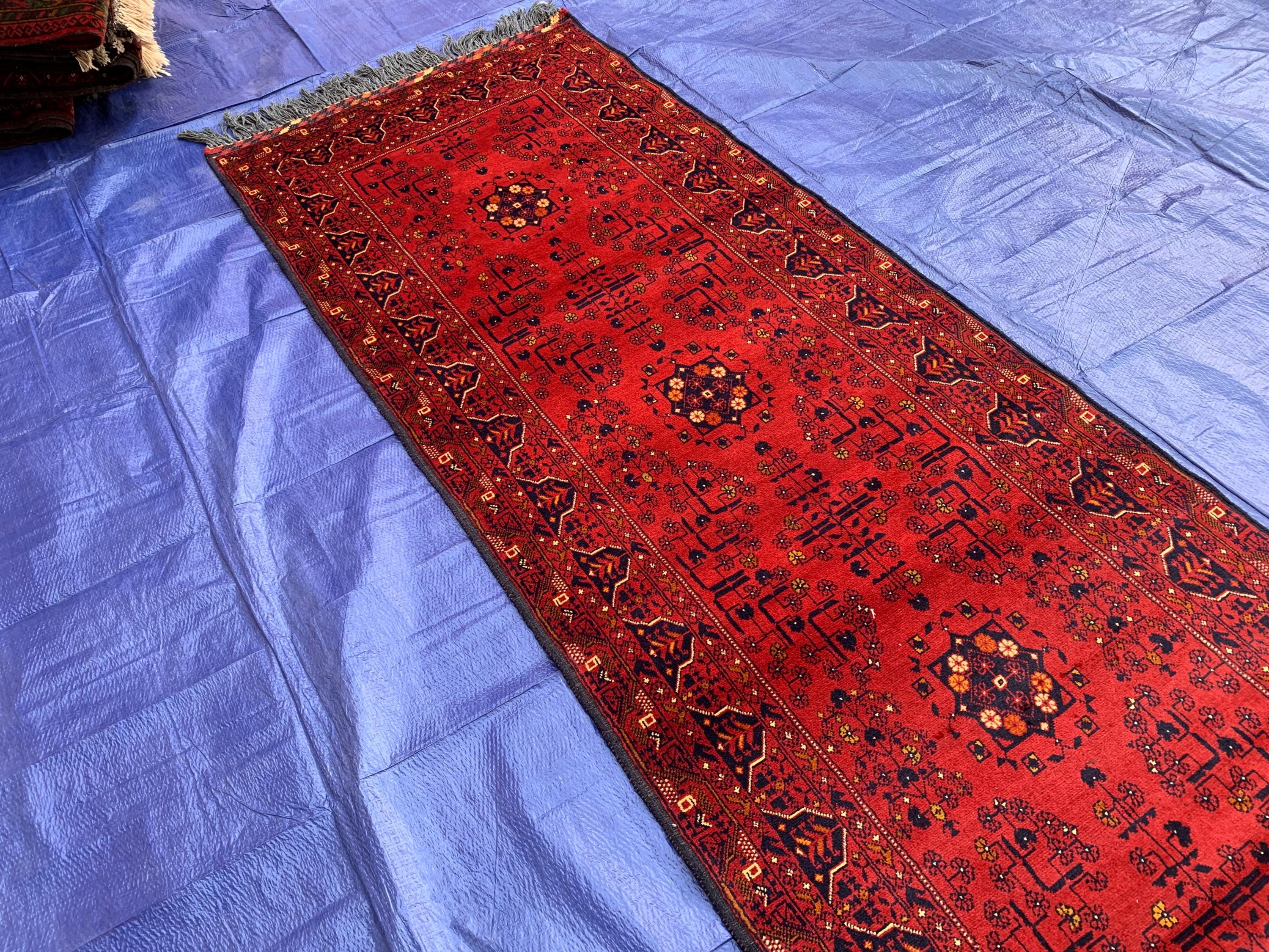 Vintage Bukhara Runner Rug 3x10 ft – Handmade Red Wool Hallway Carpet, Tribal Persian Design, Boho Decor, Authentic Oriental Rug 3x9.9 ft