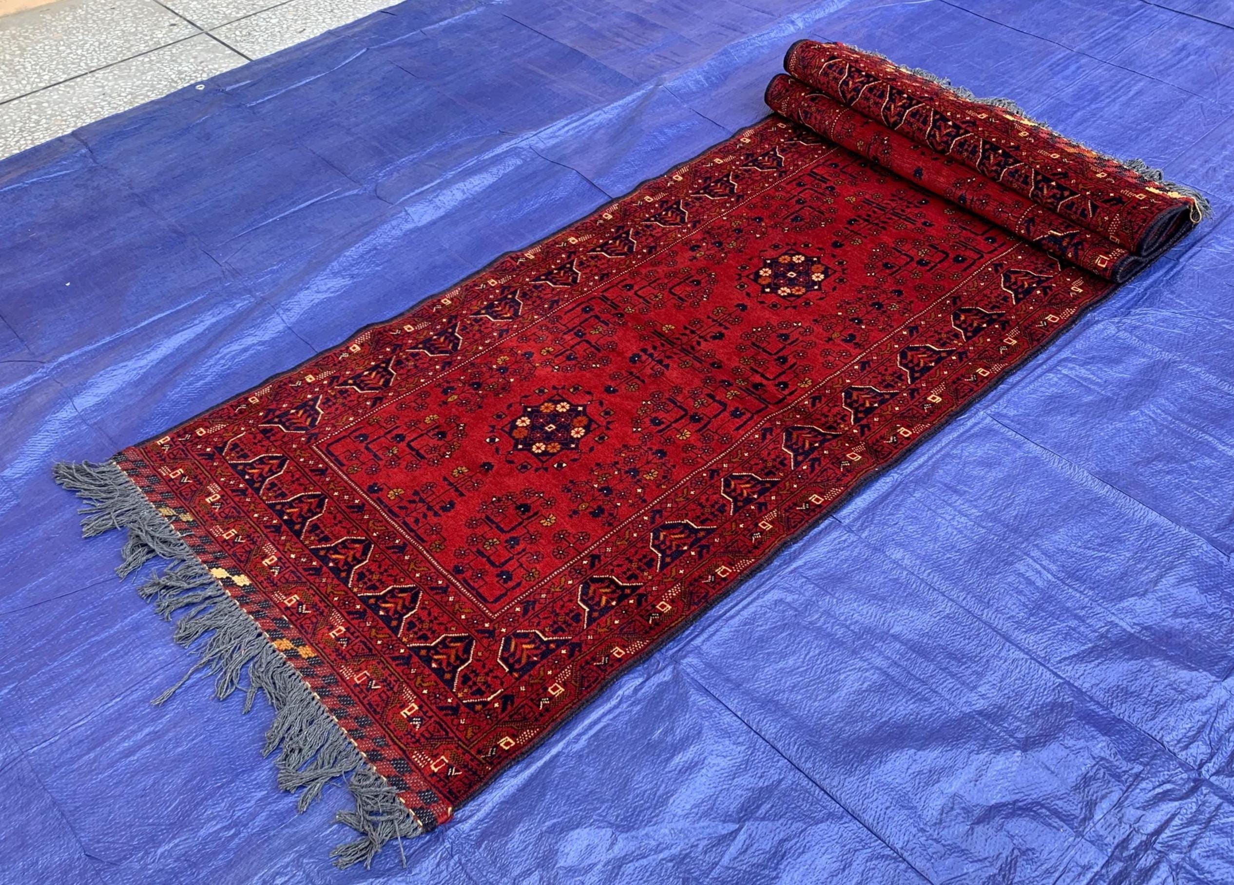 Vintage Bukhara Runner Rug 3x10 ft – Handmade Red Wool Hallway Carpet, Tribal Persian Design, Boho Decor, Authentic Oriental Rug 3x9.9 ft