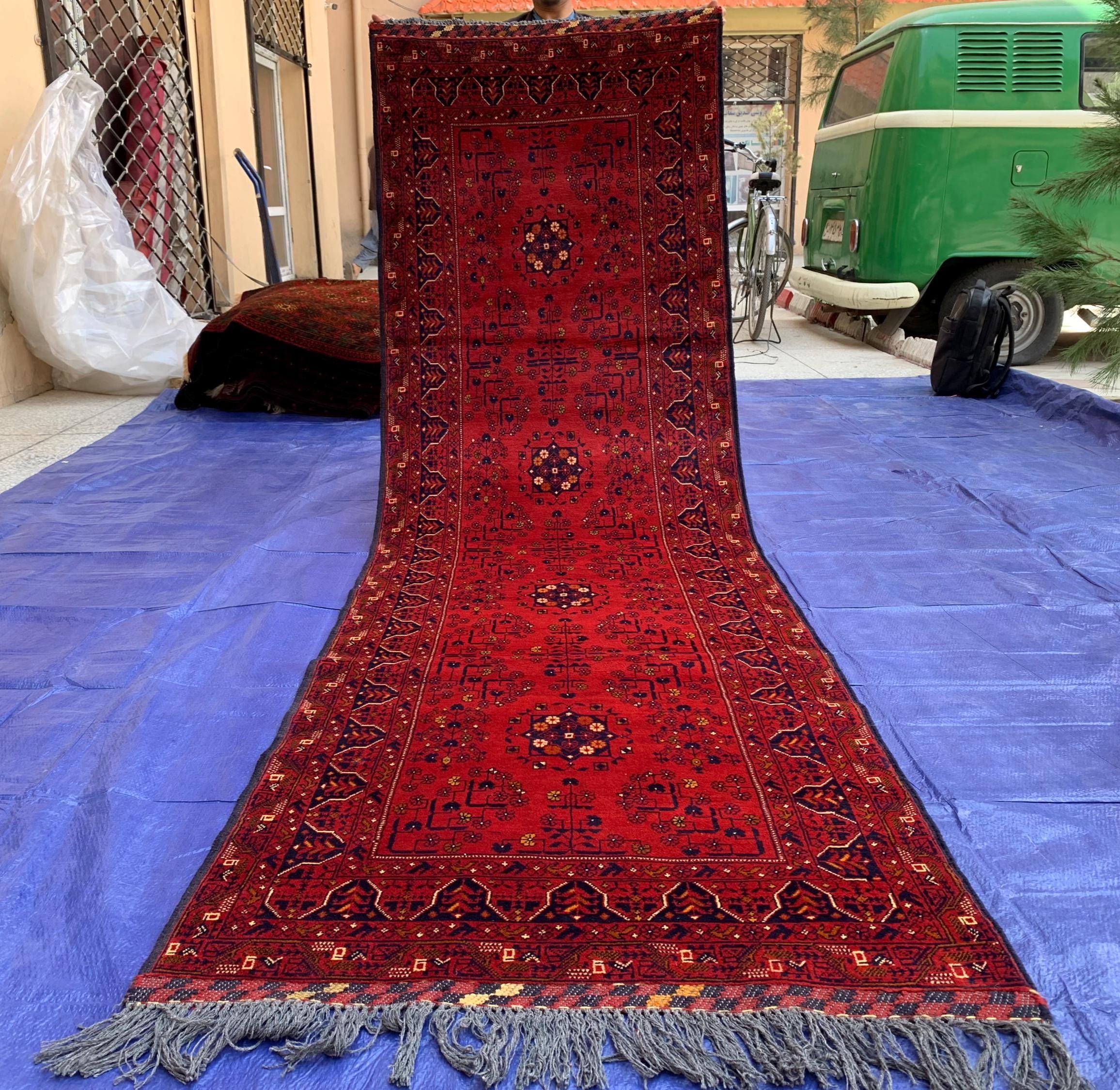 Vintage Bukhara Runner Rug 3x10 ft – Handmade Red Wool Hallway Carpet, Tribal Persian Design, Boho Decor, Authentic Oriental Rug 3x9.9 ft