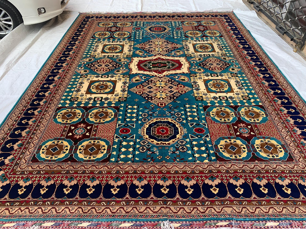 Vibrant Handmade Mamluk Rug – 9.10 x 13.5 ft | Large Wool Area Rug | Blue, Red, Ivory, Teal Oriental Carpet for Living Room or Dining Area