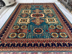 Vibrant Handmade Mamluk Rug – 9.10 x 13.5 ft | Large Wool Area Rug | Blue, Red, Ivory, Teal Oriental Carpet for Living Room or Dining Area