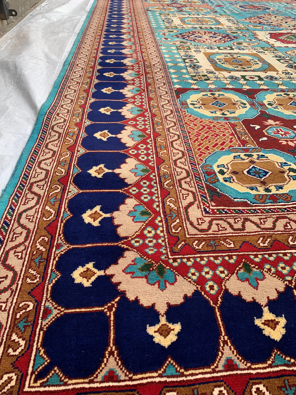 Vibrant Handmade Mamluk Rug – 9.10 x 13.5 ft | Large Wool Area Rug | Blue, Red, Ivory, Teal Oriental Carpet for Living Room or Dining Area